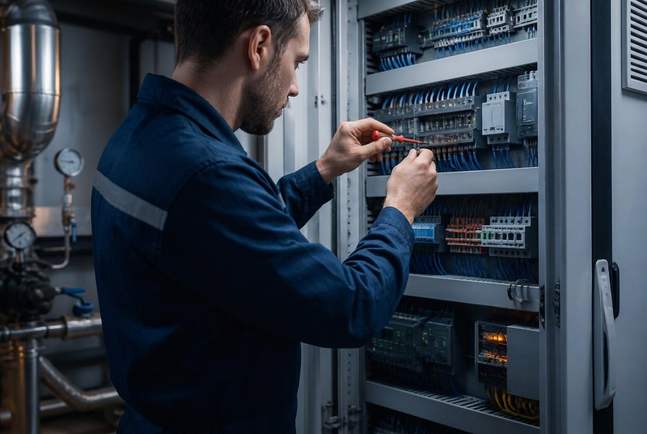 BMS maintenance engineer carrying out a tightness test on panel terminals with a precision screwdriver