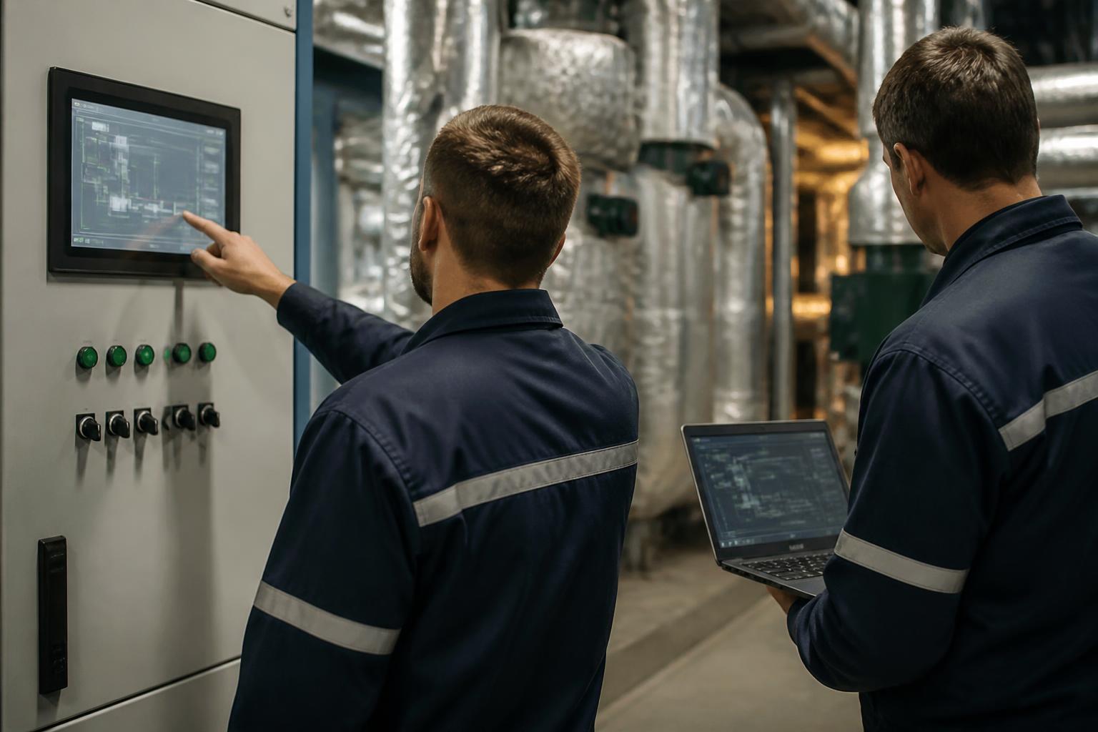 Sterling Controls engineers reviewing a BMS control panel in a plant room