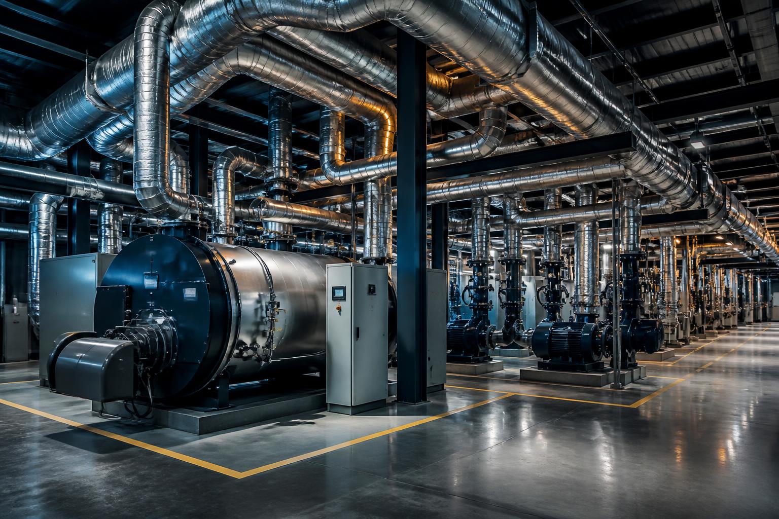 Commercial plant room with boilers and silver pipework