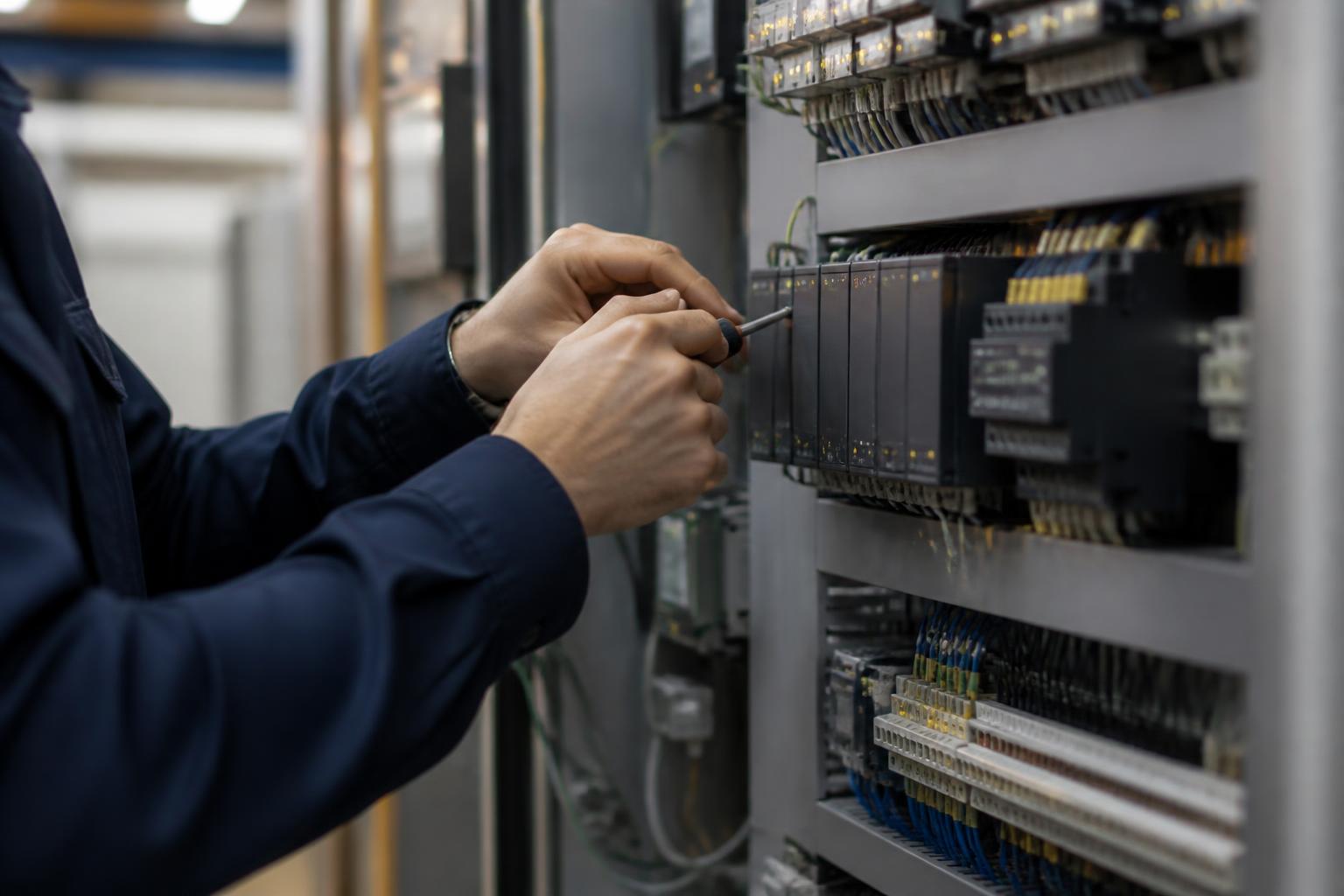 Engineer commissioning a control panel with a precision screwdriver