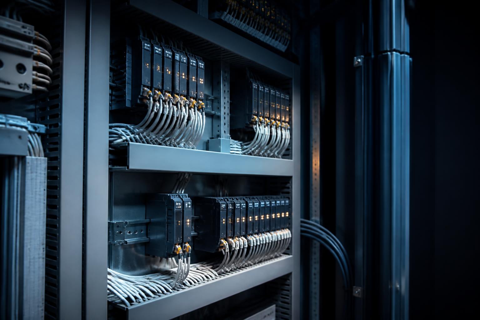 DIN rail controllers and neatly loomed cabling inside a BMS panel